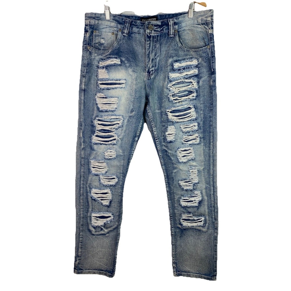 Victorious Men's 36X32 Light Wash Destroyed Blue Denim Premium Jeans
